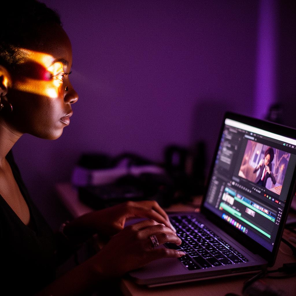 Filmmaker editing video on a laptop in a dark room