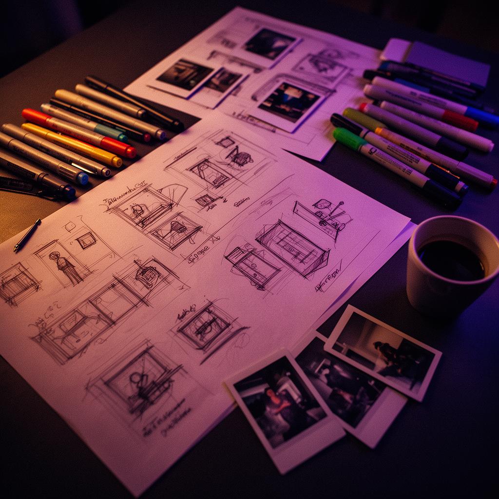 Film storyboard and concept art spread across a production table
